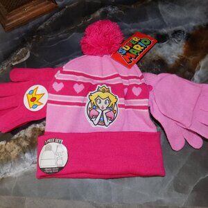 Nintendo Princess Peach Multi-Color 3 PC Beanie Hat, Flip-Top Glove, Glove Set